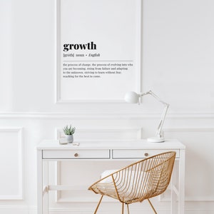 May include: A white desk with a gold wire chair and a lamp. The wall behind the desk has a black and white print with the word "growth" and its definition.