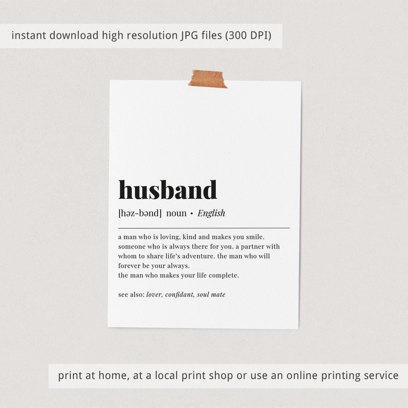 Husband Definition Print Husband Dictionary Art Husband Gift Husband