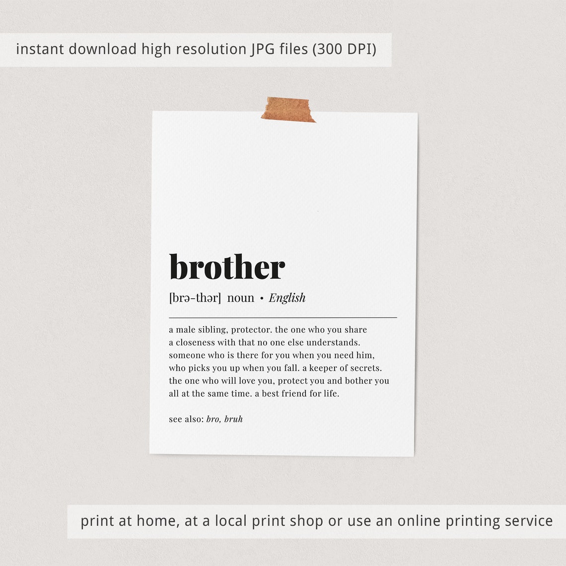 Brother Definition Print Gift for Brother Noun Meaning Instant Download