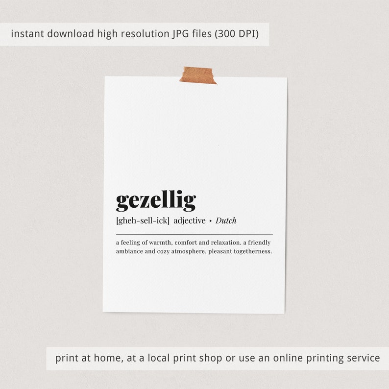 Gezellig Definition Print Dutch Word Art Printable Gezellig Meaning