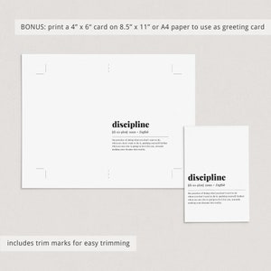 以下が含まれることがあります： 白地に黒文字で「discipline」という言葉とその定義が書かれた、印刷可能な4x6インチのグリーティングカード。カードには、簡単にカットするためのトリムマークが含まれています。