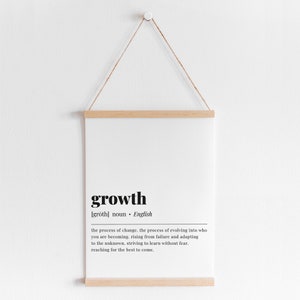 May include: A black and white printable wall art print with the word "growth" defined as "the process of change. the process of evolving into who you are becoming. rising from failure and adapting to the unknown. striving to learn without fear. reaching for the best to come."