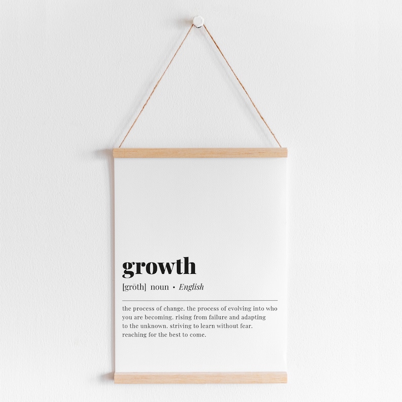 May include: A black and white printable wall art print with the word "growth" defined as "the process of change. the process of evolving into who you are becoming. rising from failure and adapting to the unknown. striving to learn without fear. reaching for the best to come."