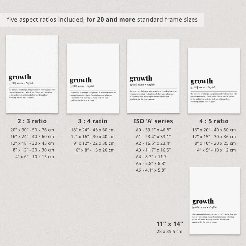 May include: A black and white printable poster with the word "growth" defined as "the process of change, the process of evolving into who you are becoming, rising from failure and adapting to the unknown, striving to learn without fear, reaching for the best to come." The poster also includes a list of standard frame sizes in inches and centimetres for five different aspect ratios: 2:3, 3:4, ISO 'A' series, 4:5, and 11" x 14".