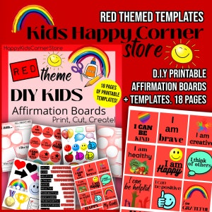 RED themed DIY KIDS Printable Affirmation Board Templates - for kids to create an positive affirmation board / Instant Download and Print