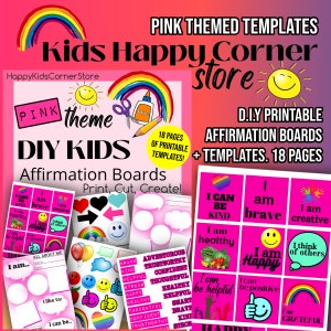 PINK themed DIY KIDS Printable Affirmation Board Templates - for kids to create an positive affirmation board / Instant Download and Print