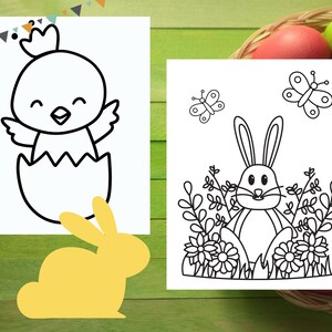 May include: A black and white coloring page featuring a chick hatching from an egg, a bunny rabbit sitting in a field of flowers, and two butterflies.