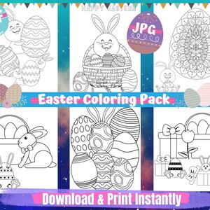 May include: A printable Easter coloring pack with six coloring pages featuring bunnies, baskets of eggs, and Easter egg designs. The pages are black and white and ready to be colored.