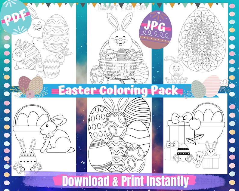 May include: A printable Easter coloring pack with six coloring pages featuring bunnies, baskets of eggs, and Easter egg designs. The pages are black and white and ready to be colored.