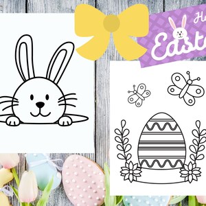 May include: Black and white coloring page featuring an Easter bunny peeking over a sign, a butterfly, and an Easter egg with flowers. The sign says "Happy Easter".