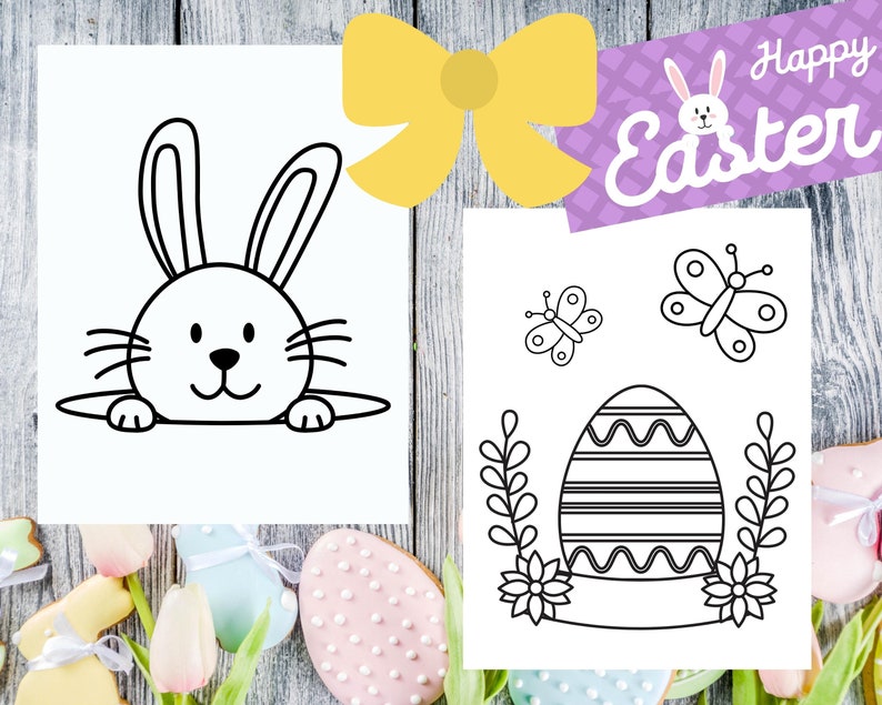 May include: Black and white coloring page featuring an Easter bunny peeking over a sign, a butterfly, and an Easter egg with flowers. The sign says "Happy Easter".