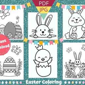 May include: A set of five black and white Easter coloring pages featuring a bunny, chick, butterfly, and eggs. The pages are ready for instant download.