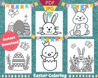 12 Easter themed elementary age coloring pages, Instant download pdf and jpg, quick print home or school, fun kids easter bunny activity