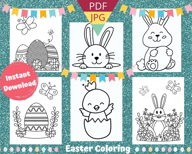 May include: A set of five black and white Easter coloring pages featuring a bunny, chick, butterfly, and eggs. The pages are ready for instant download.