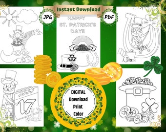 Instantly Printable St. Patrick's Day Coloring pages, black and white coloring pages, St. Patty's day activities, Leprechaun coloring, gold