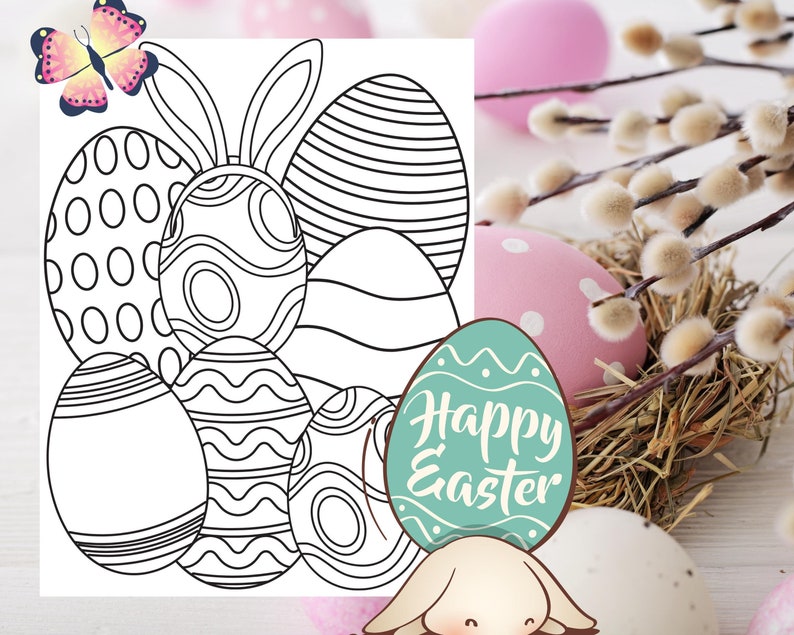 May include: A black and white coloring page featuring a bunny rabbit with bunny ears and a basket of Easter eggs. The eggs are decorated with different patterns, including polka dots, stripes, and swirls. The text "Happy Easter" is written on one of the eggs.