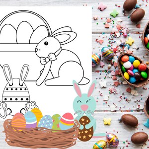 May include: A coloring page featuring a bunny holding a basket of Easter eggs. The bunny is wearing a bow tie. There is a second bunny holding a basket of eggs. The image is surrounded by chocolate eggs and candy.
