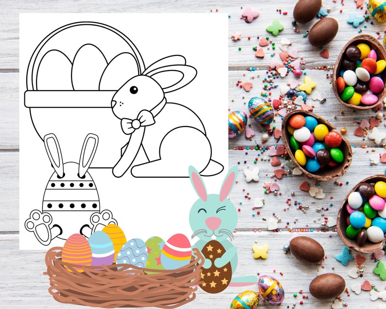May include: A coloring page featuring a bunny holding a basket of Easter eggs. The bunny is wearing a bow tie. There is a second bunny holding a basket of eggs. The image is surrounded by chocolate eggs and candy.
