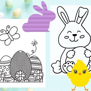 May include: A black and white coloring page featuring a bunny holding an egg and a chick. The bunny has a happy expression and is holding the egg with both paws. The chick is standing in front of the bunny and has a cute expression. There are also three eggs with different patterns and flowers around them.