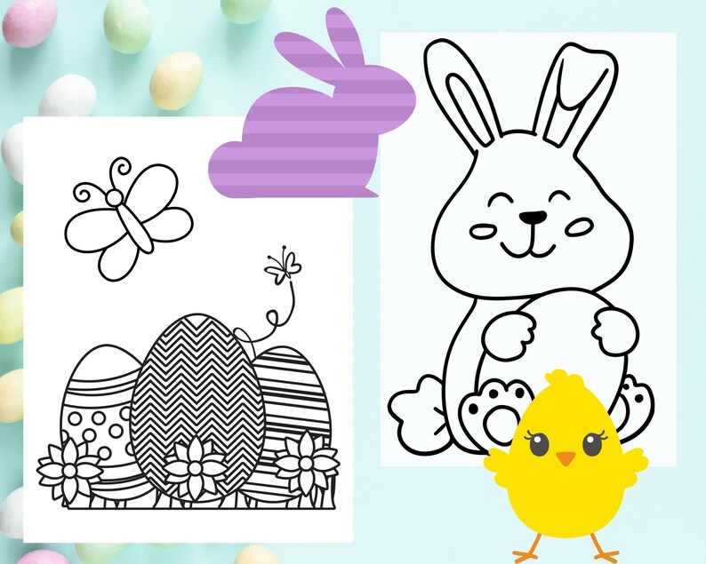 May include: A black and white coloring page featuring a bunny holding an egg and a chick. The bunny has a happy expression and is holding the egg with both paws. The chick is standing in front of the bunny and has a cute expression. There are also three eggs with different patterns and flowers around them.