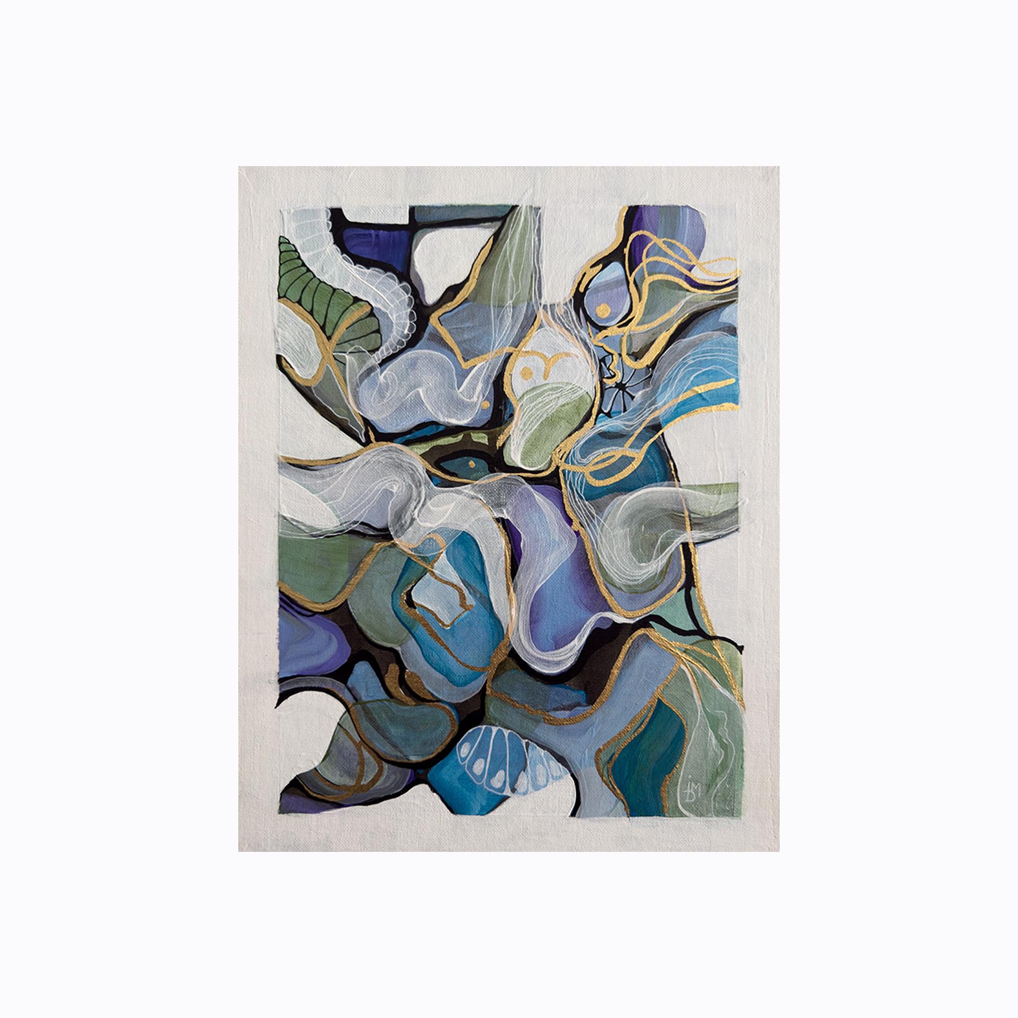 オリジナル抽象アクリル画（金箔使用）：9x12インチ キャンバス