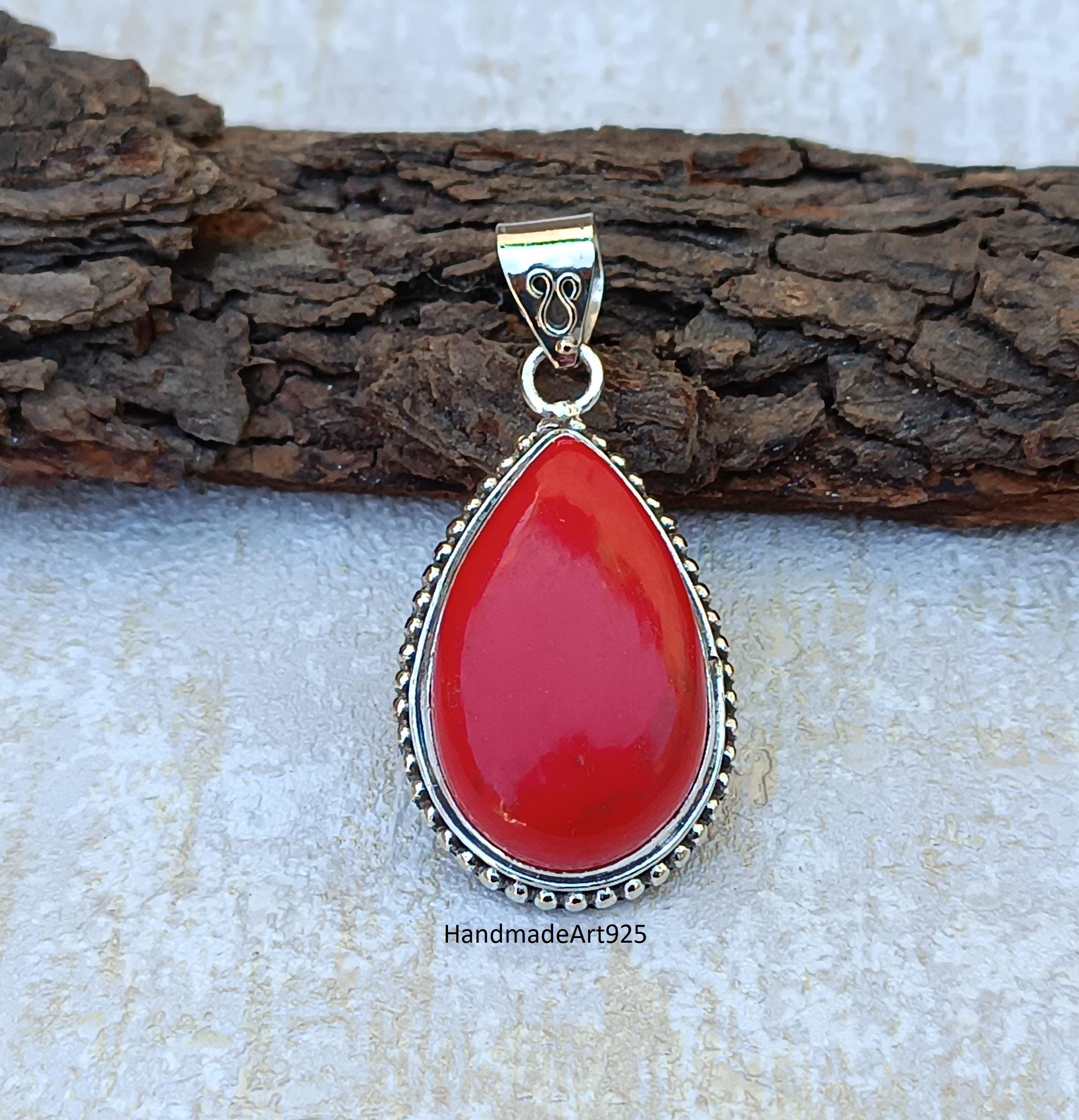 RED STONE 925シルバー ペンダント925刻印あり EC-011RD Red Coral Sterling Silver Pendant: Handmade Gemstone Necklace - Etsy