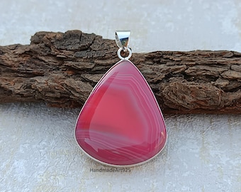 Pink Agate Pear Pendant: 925 Sterling Silver Handmade Jewelry