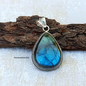 Blue Labradorite Pendant: Handmade 925 Sterling Silver Boho Necklace