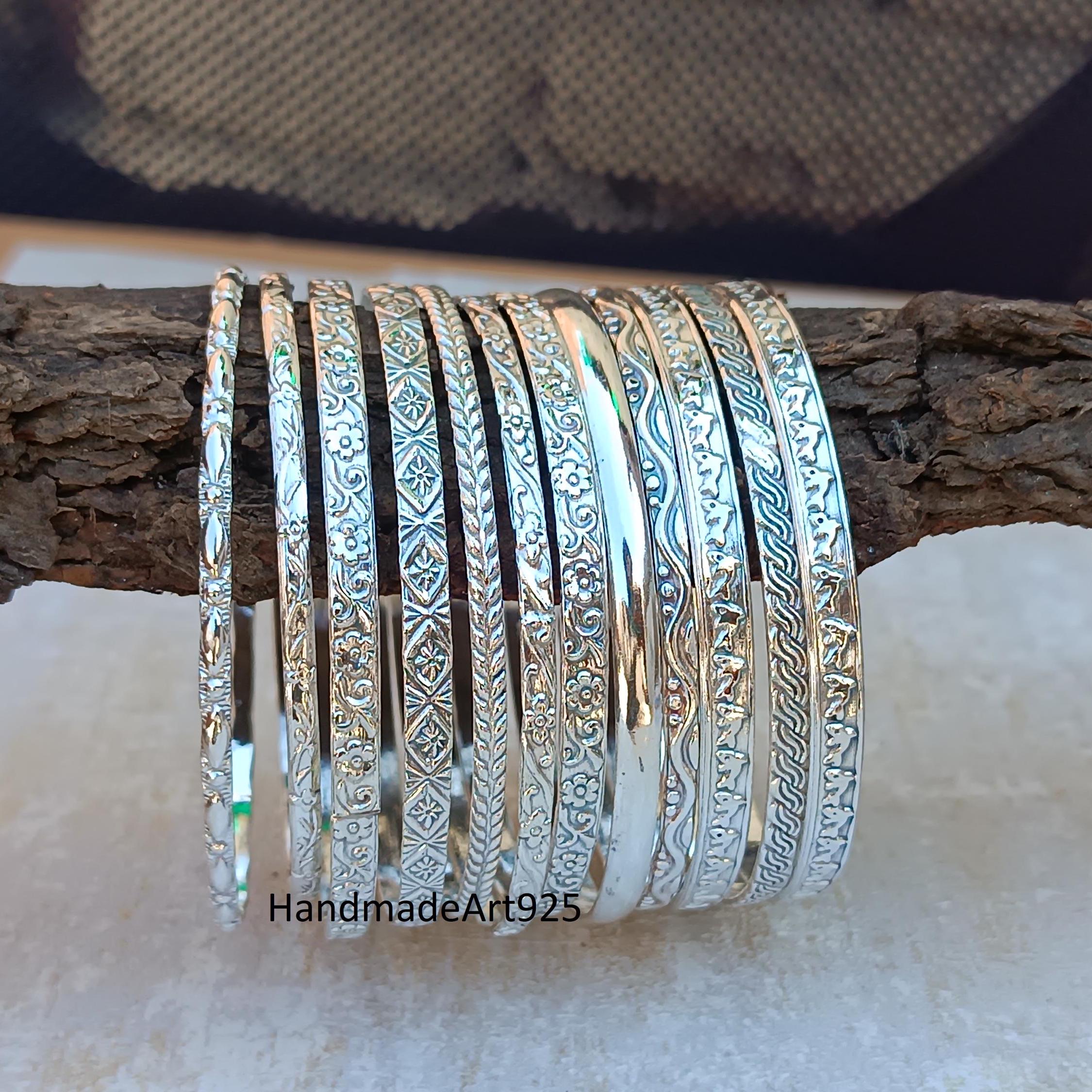 Handmade Sterling Silver Bangle Set - Floral Etched Stacking