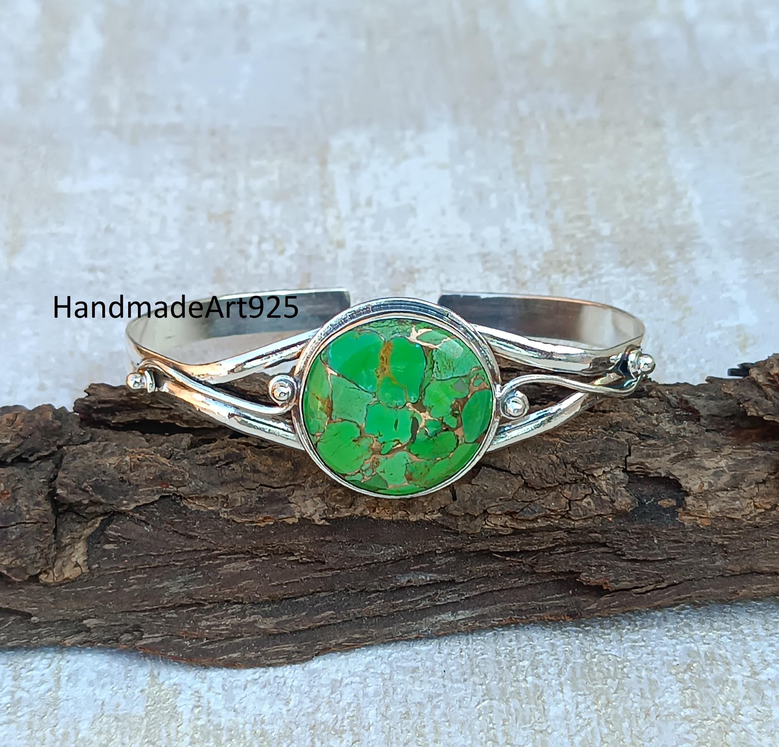 グリーンコッパーターコイズ 925シルバーバングル - 調節可能な