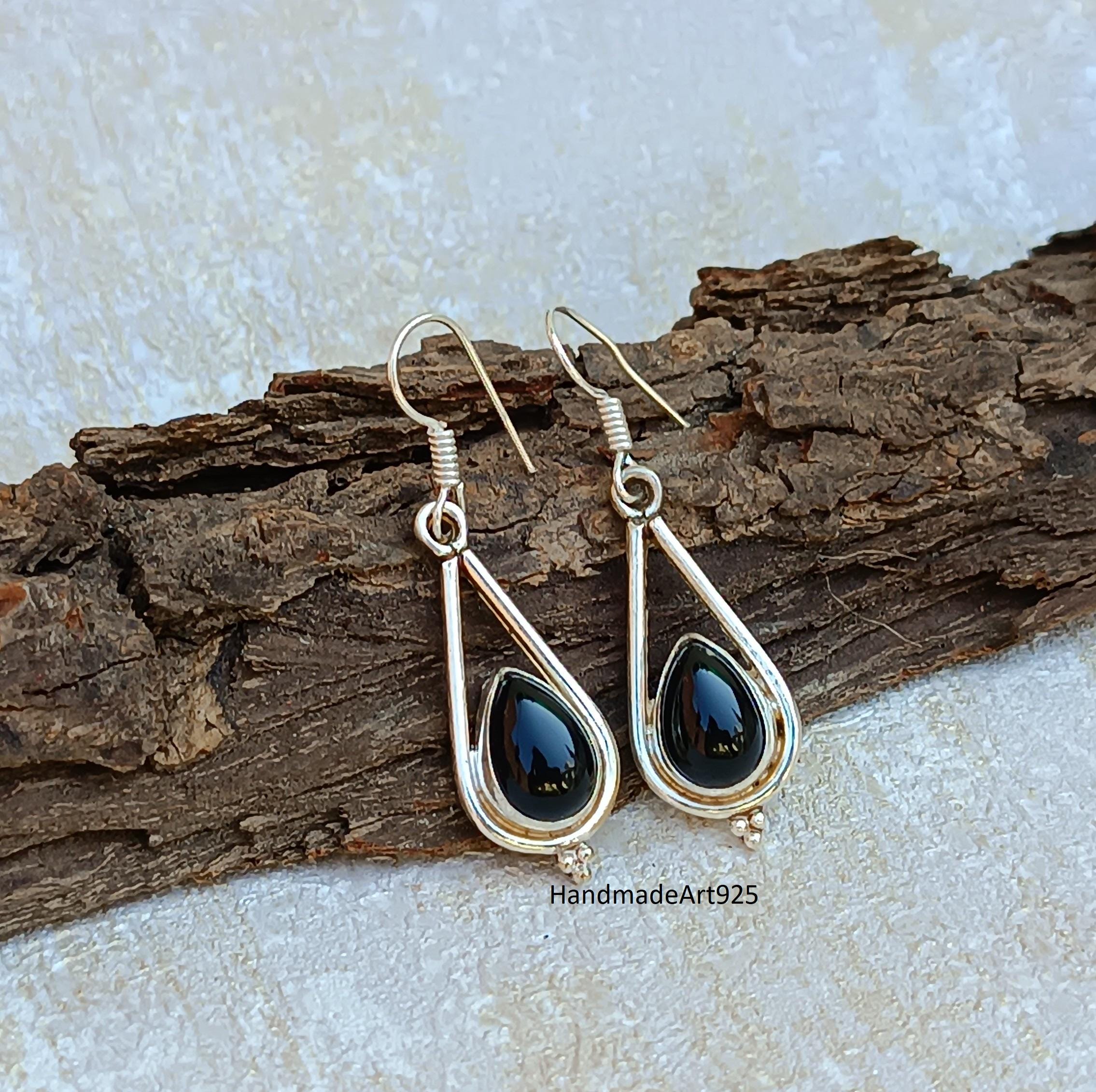 Boucles D'oreilles Argent 925 Et Onyx Noir Fait Main - Uniques Et Sans Marque