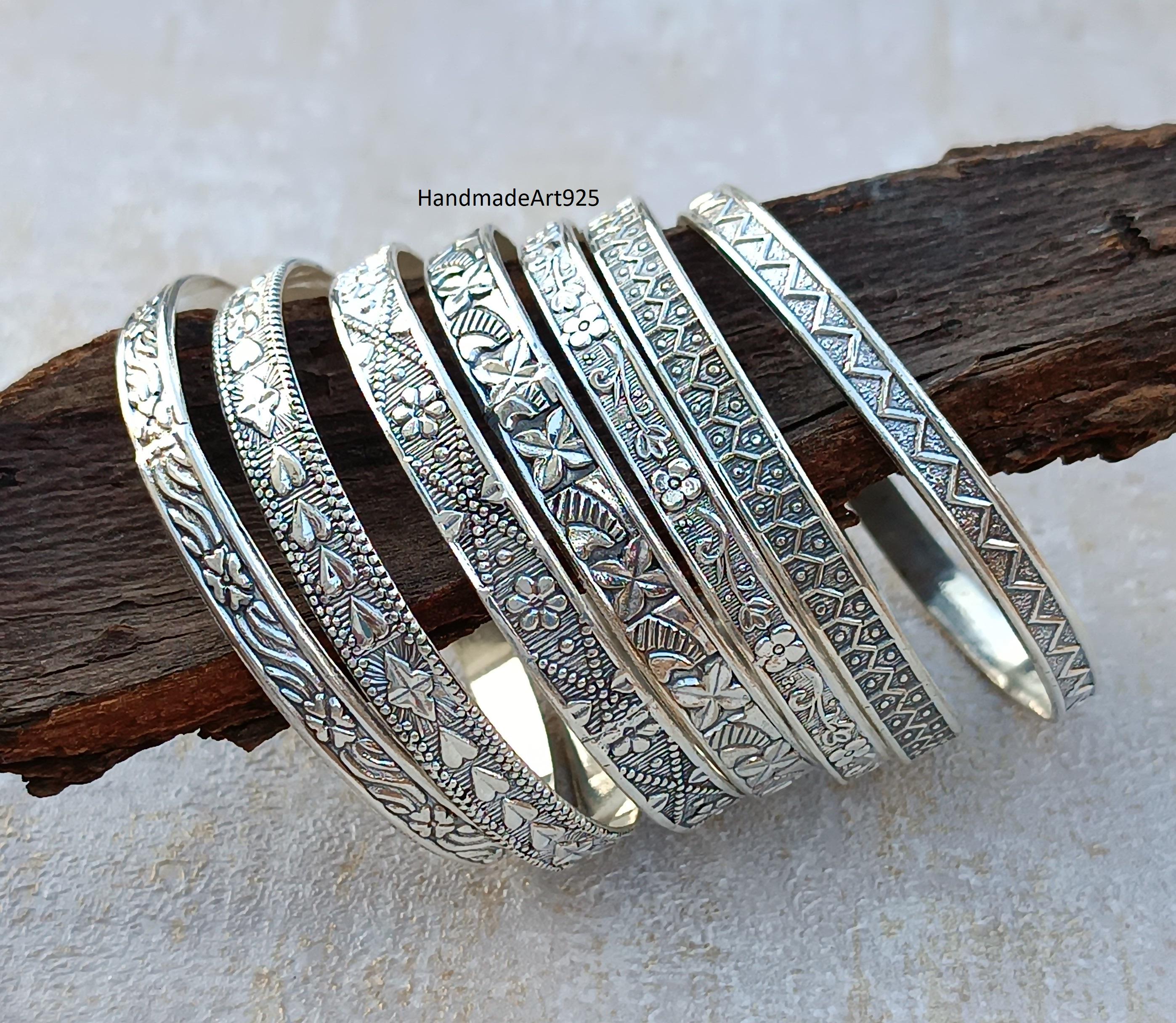Handmade Sterling Silver Bangle Set: Floral Etched Bangles