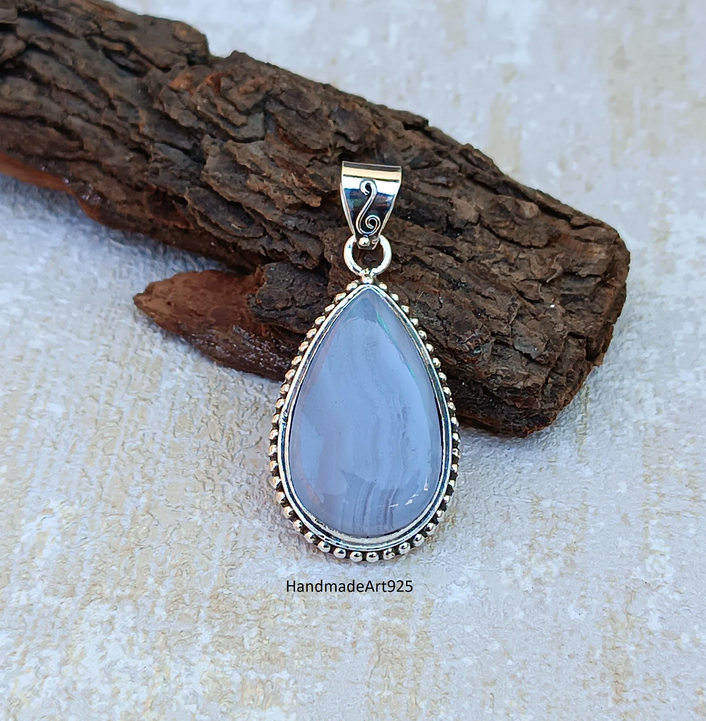 Blue Agate Teardrop Pendant: 925 Sterling Silver Gemstone Necklace