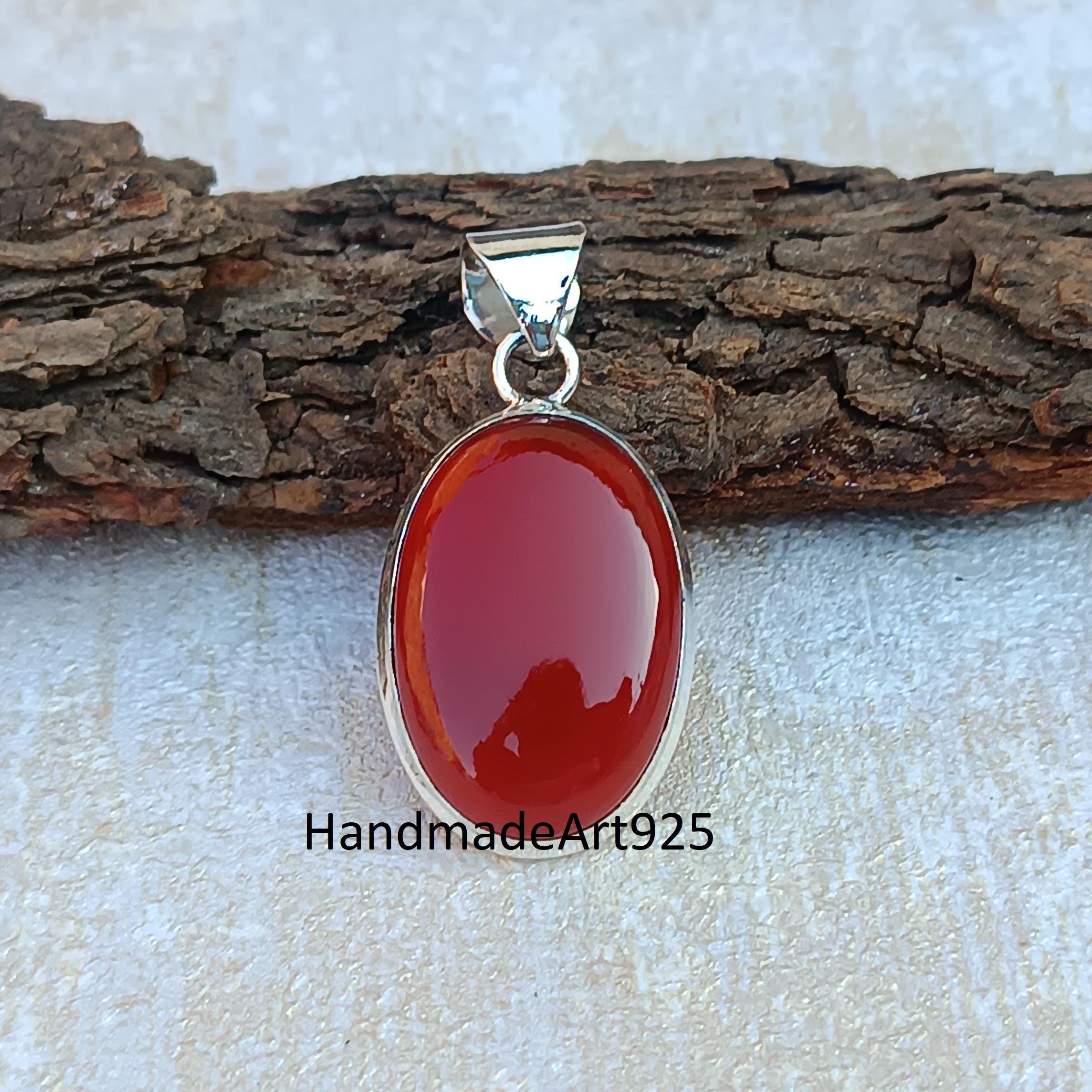 Pendentif En Argent Massif 925 Avec Cornaline - Grand Modèle 30x22 Mm, Travail Artisanal, Occasion