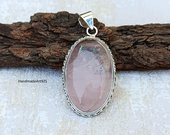 Handmade Rose Quartz Pendant: 925 Sterling Silver Gemstone Jewelry