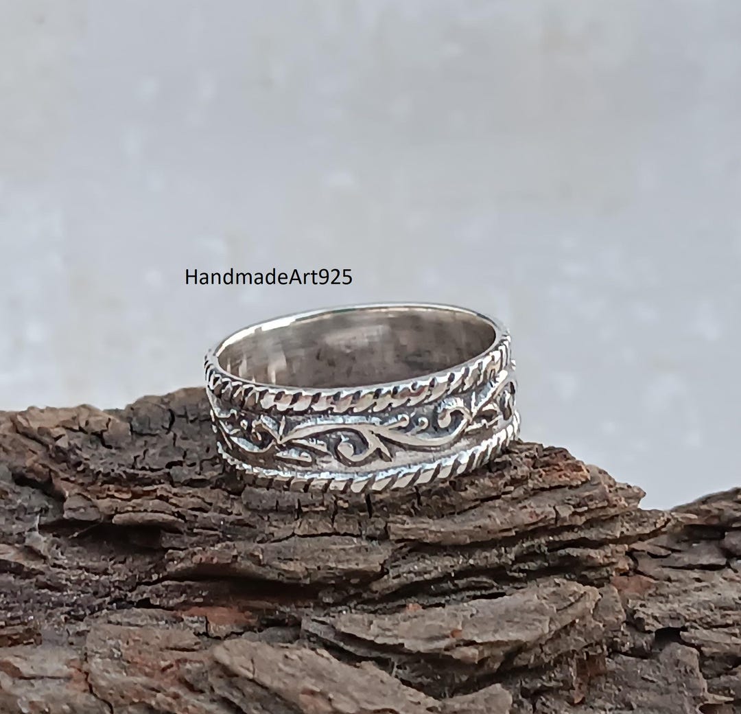Anello a fascia larga in argento sterling con fiore: anello per il Anello a fascia larga in argento sterling con fiore: anello per il