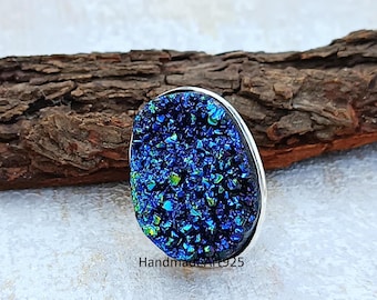 Blau Druzy 925 Sterling Silber Ring: Handgemachter Edelstein Versprechen Ring