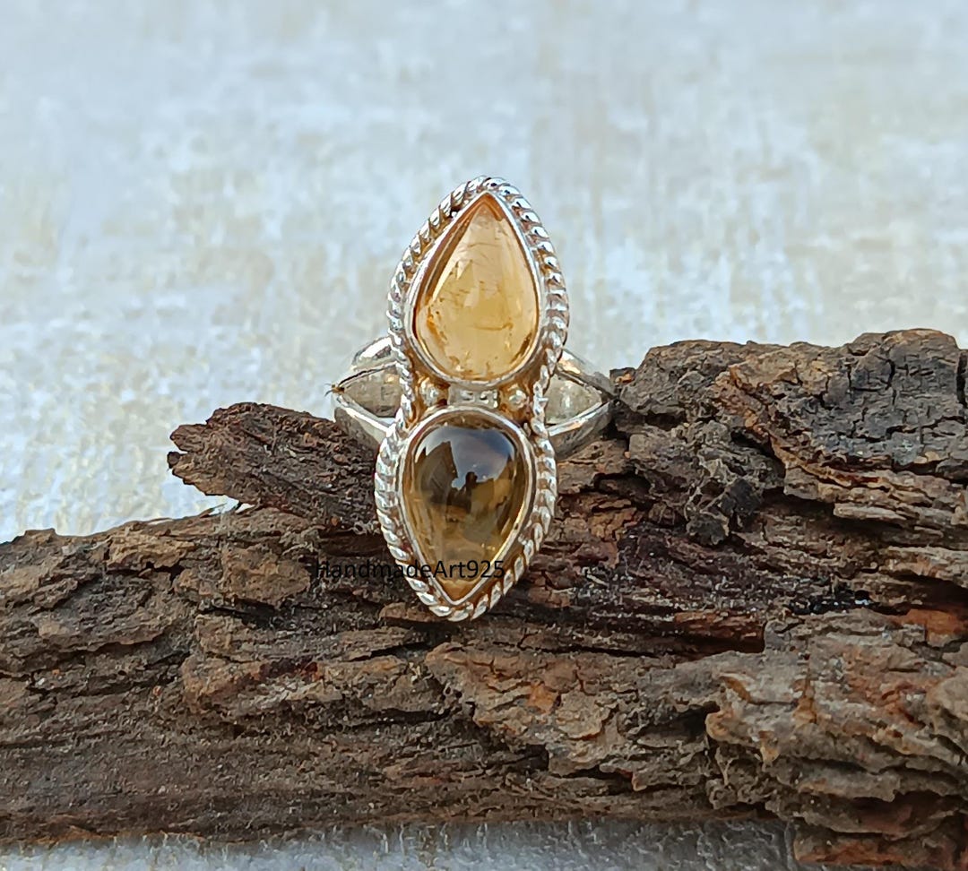 ハンドメイドのシトリン宝石リング：925スターリングシルバーの