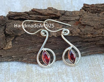 Handmade Red Garnet 925 Sterling Silver Dangle Earrings
