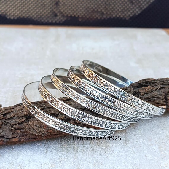 Handmade Sterling Silver Bangle Set: Etched Stacking Bracelets - Etsy