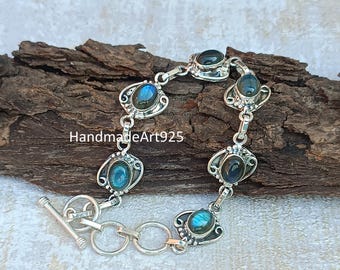 Handmade Labradorite Chain Bracelet: 925 Sterling Silver