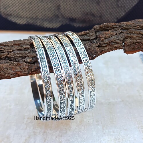 Handmade Sterling Silver Bangle Set: Etched Stacking Bracelets - Etsy
