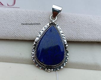 Handmade Lapis Lazuli Teardrop Pendant, 925 Sterling Silver