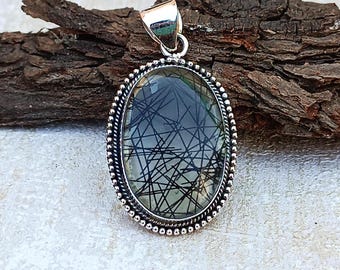Handmade Black Rutile Sterling Silver Pendant: Boho Necklace