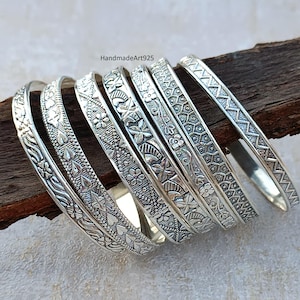 Handmade Sterling Silver Bangle Set: Floral Etched Bangles, Women&#39;s Jewelry