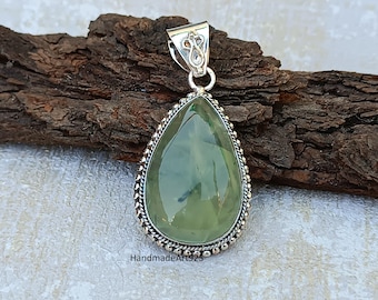 Handmade Sterling Silver Prehnite Pendant: Green Gemstone Statement Jewelry