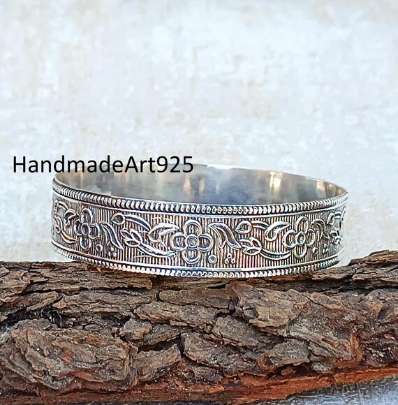 Bracelet Rigide En Argent Massif 925 - Motif Fleur - Style Jonc - Occasion En Excellent état