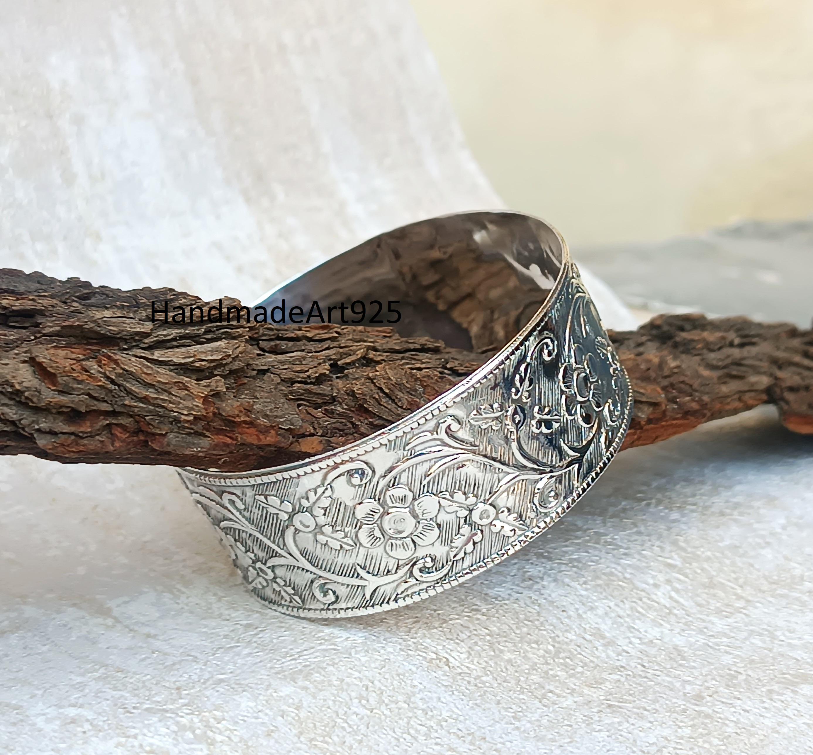 Handmade Sterling Silver Wide Bangle: Boho Floral Stacking Jewelry