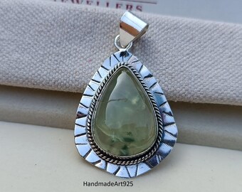 Handmade Sterling Silver Prehnite Pendant, Statement Jewelry