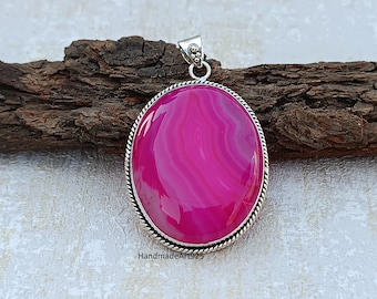 Pink Botswana Agate Pendant: Oval Sterling Silver Handmade Jewelry